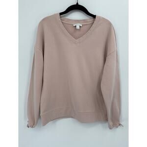 Daily Ritual Pink Terry V Neck Sweatshirt with Long Sleeves & Tie Cuffs Size S